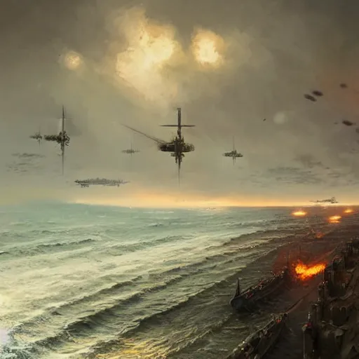 Image similar to a great angle of d - day while all the troops are landing with their boats fighting the germans in a bloody battle by greg rutkowski