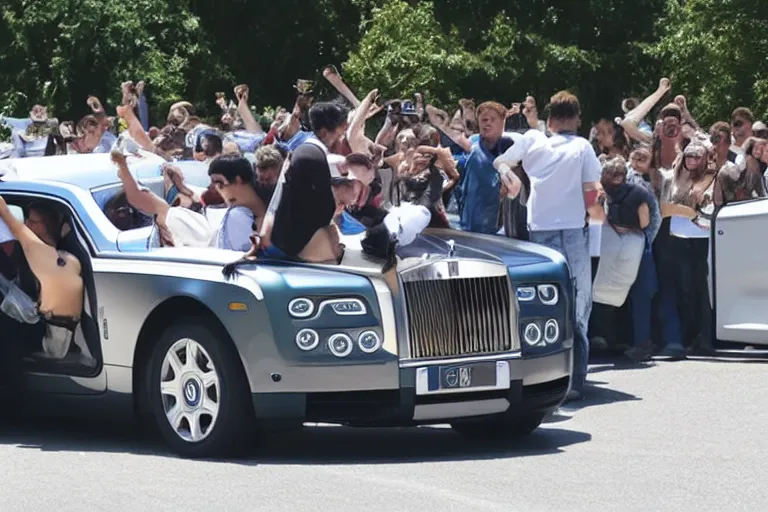 Image similar to Group of teenagers push Rolls-Royce into lake