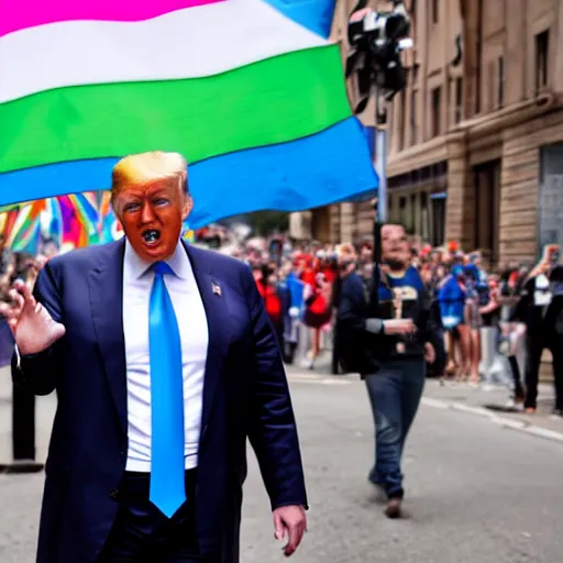 Prompt: photograph of donald trump wearing a trans flag suit at a pride parade