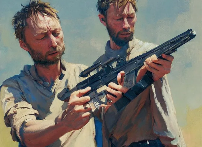 Prompt: a highly detailed beautiful portrait of thom yorke shooting an ak 4 7, by gregory manchess, james gurney, james jean