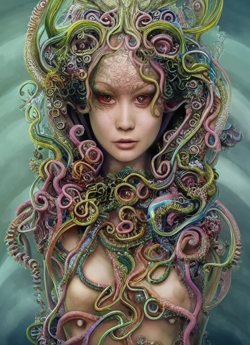 Image similar to A full body shot of a cute and mischievous monster girl made of tentacles wearing an ornate ball gown covered in opals. Fancy Dress. Subsurface Scattering. Translucent Skin. Rainbow palette. defined facial features, symmetrical facial features. Opalescent surface. beautiful lighting. By Giger and Ruan Jia and Artgerm and WLOP and William-Adolphe Bouguereau. Photo real. Hyper-real. Photorealism. Fantasy Illustration. Sailor Moon hair. Masterpiece. trending on artstation, featured on pixiv, award winning, cinematic composition, dramatic pose, sharp, details, Hyper-detailed, HD, HDR, 4K, 8K.