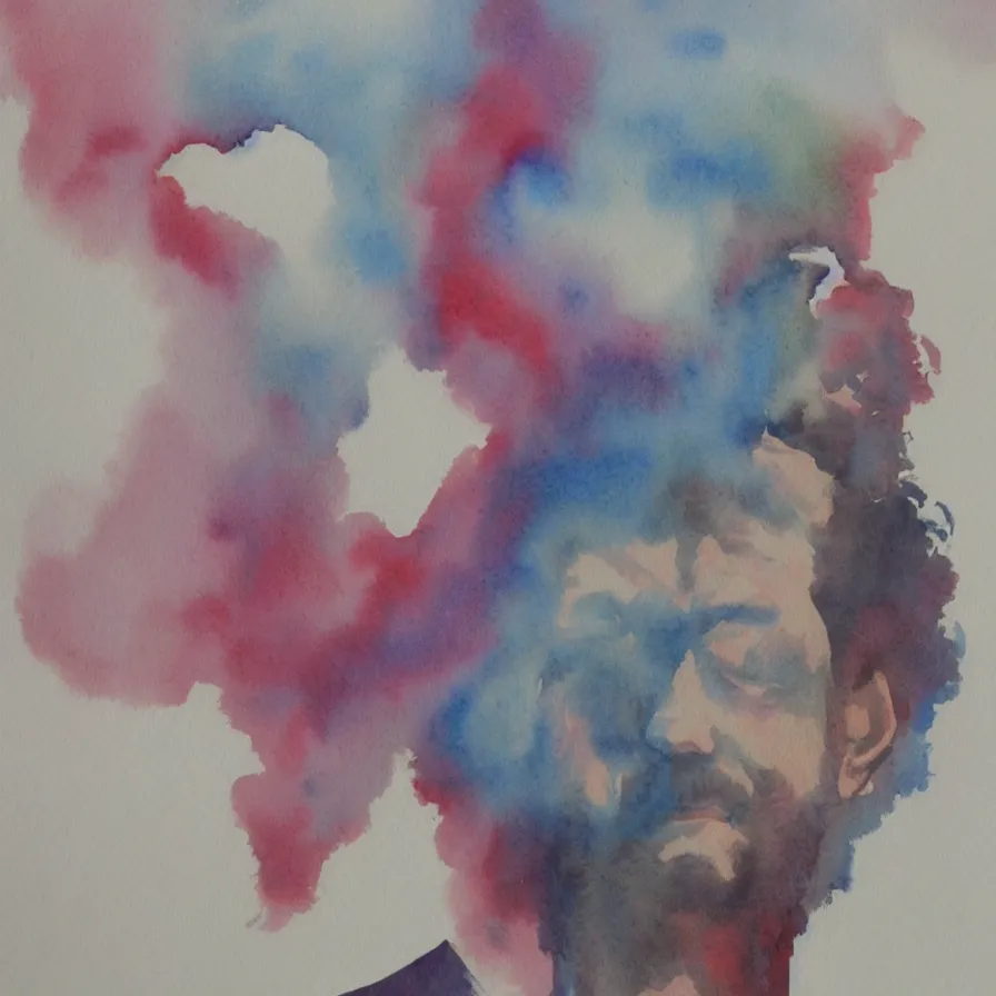 Prompt: watercolour artwork about a man's head bursting into imaginary white smoke.