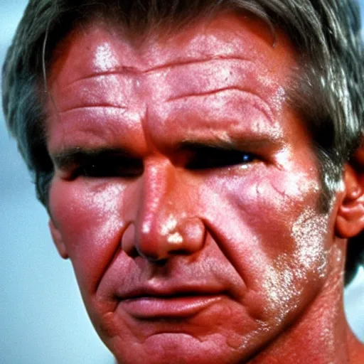 Prompt: head and shoulders portrait 3 5 mm cinema still of harrison ford playing the role of the terminator