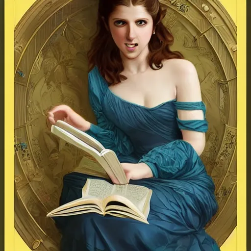 Prompt: a smiling anna kendrick wearing a yellow dress and reading a book, masterpiece, intricate, elegant, highly detailed, digital painting, artstation, concept art, smooth, sharp focus, illustration, art by artgerm and greg rutkowski and alphonse mucha and uang guangjian and gil elvgren and sachin teng, symmetry!!