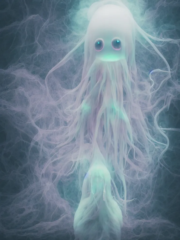 Image similar to cute fumo plush smiling ectoplasmic gothic jellyfish ghost girl waving in deep fog over mysterious waters, anime, reflective river bank in the midst of a forgotten forest, glowing pink wisps of hazy green smoke and eerie blue volumetric fog swirling about, moonlight, glowing lens flare, black and white, refraction, vray