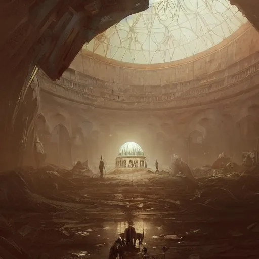 Prompt: concept art by greg rutkowski, a large inner garden under a great dome, desolate, covered in reddish slime on all sides, uncanny atmosphere, low light, scary atmosphere, scifi, highly detailed portrait, digital painting, artstation, concept art, smooth, sharp foccus ilustration, artstation hq