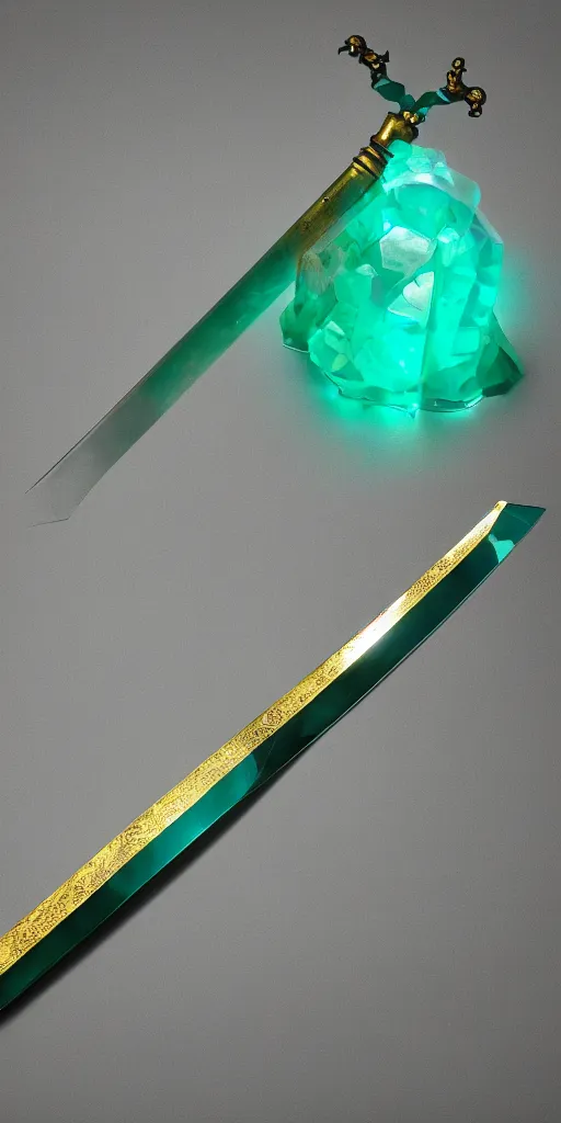 Image similar to photograph of a wide green and teal crystal sword blade attached to a big gold sword hilt
