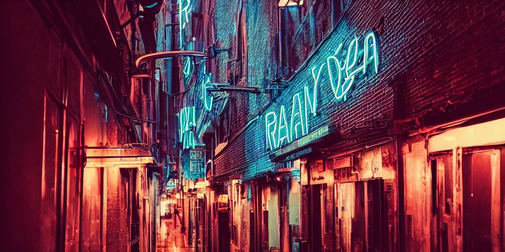 Image similar to dreary alley nightlife rain neon signs crowded futuristic retro streetlight