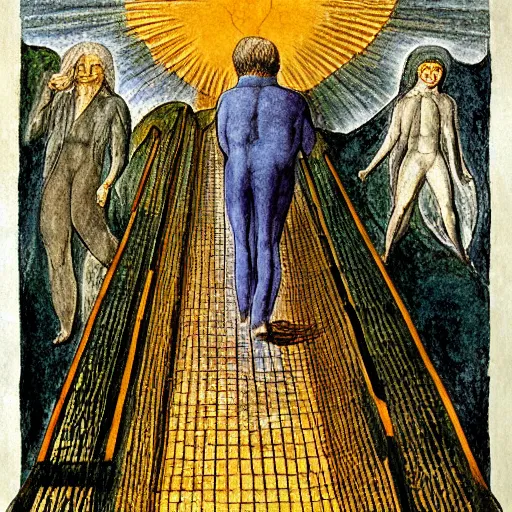 Image similar to george costanza walking up jacob's ladder by william blake