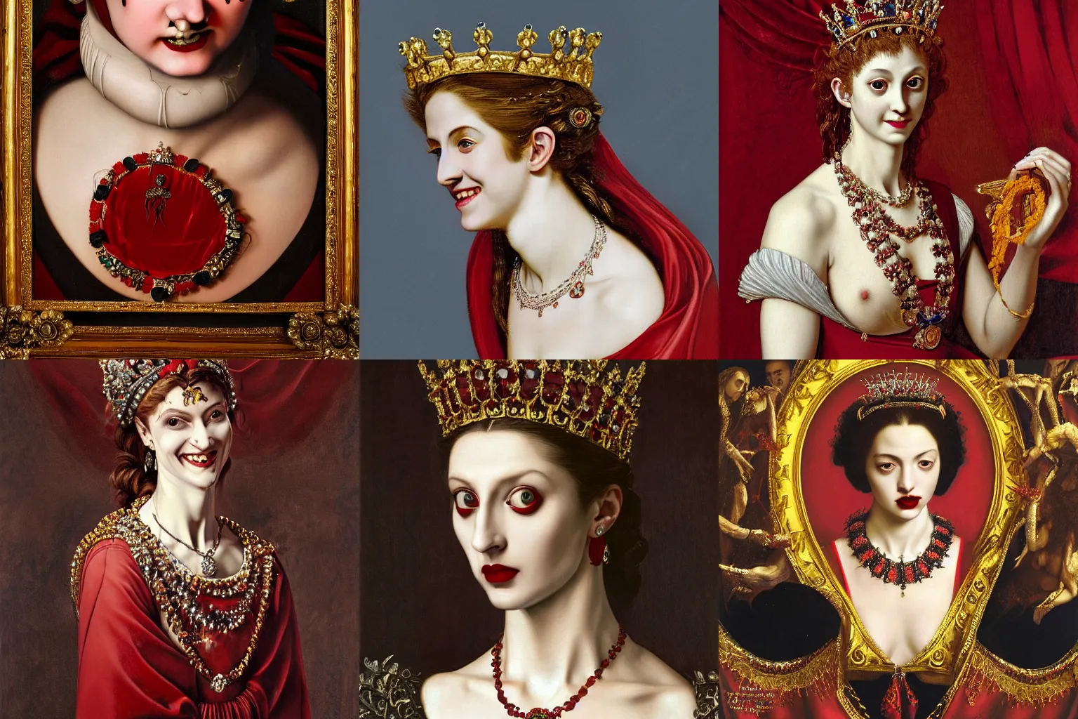 Image similar to A extremely highly detailed majestic hi-res beautiful head and shoulders painting of a beautiful bloody vampire woman with fangs wearing a long royal red silk dress, the crown jewels is on her head and around her neck is a ornate golden necklace decorated with diamonds and rupees and she is smiling wickedly by Michelangelo Merisi da Caravaggio, high detail, hyperrealistic, photorealistic, octante render, cinematic, high textures, royaltly, royal, hyper sharp, 4k insanely detailed and intricate, hypermaximalist, 8k, hyper realistic, super detailed, 4k HDR hyper realistic high,