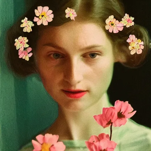 Image similar to a lot of flowers morphing in a beautiful girls face, film still by wes anderson, depicted by balthus, limited color palette, very intricate, art nouveau, highly detailed, lights by hopper, soft pastel colors, minimalist