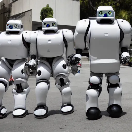 Prompt: LOS ANGELES CA, JUNE 18 2029: A group adorable robots want a hug