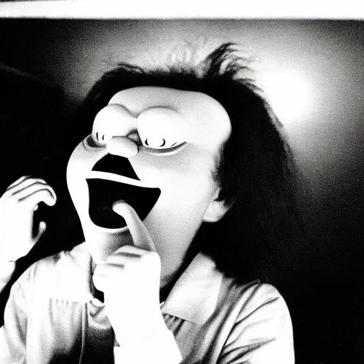 Image similar to creppy 2 0 0 1 photo of ronald mcdonald screaming in a dark room