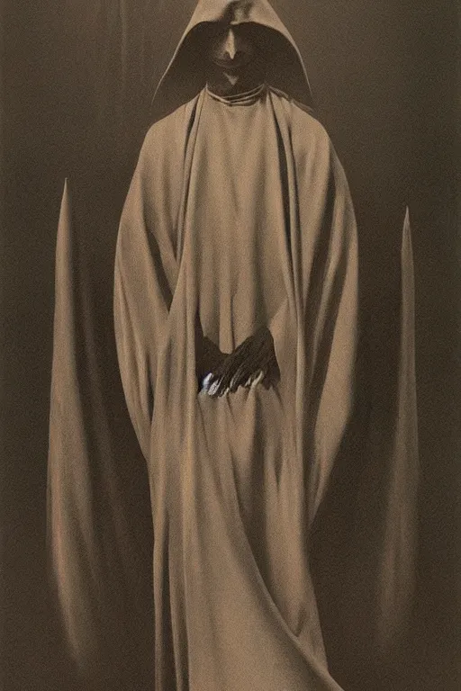 Image similar to a vampire wearing a long black robe with large bat ears huge black eyes and gray skin, character art, painting by zdzisław beksinski