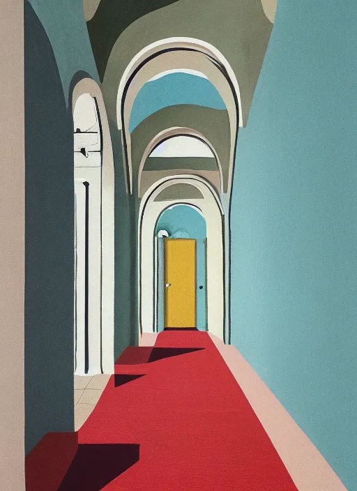 Image similar to a hockney painting of a hallway with round arches decorated by wes anderson