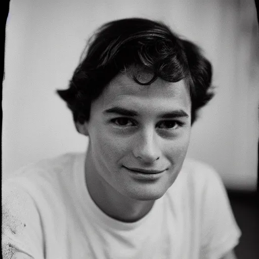 Image similar to The young Richard Feynman wearing a t-shirt, stunning portrait, 35mm F/1.2