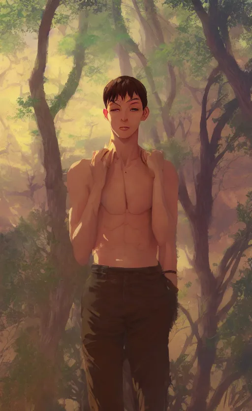 Prompt: a portrait of a male character on an arid forest, vivid colors, soft lighting, atmospheric, cinematic, moody, in the style of ilya kuvshinov and range murata, krenz cushart, rule of thirds, oil on canvas, 8 k