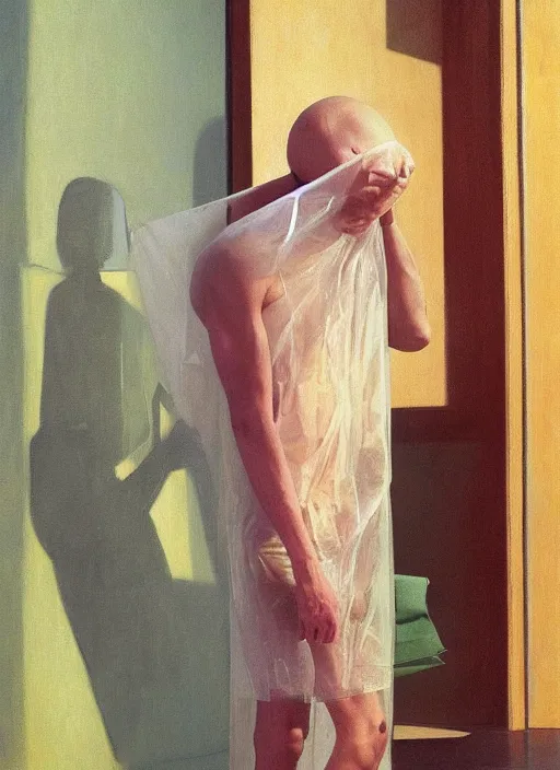 Image similar to man in a translucent dress made from plastic bag with paper bags for clothes standing inside paper bags with paper bag over the head at store display Edward Hopper and James Gilleard, Zdzislaw Beksinski, highly detailed