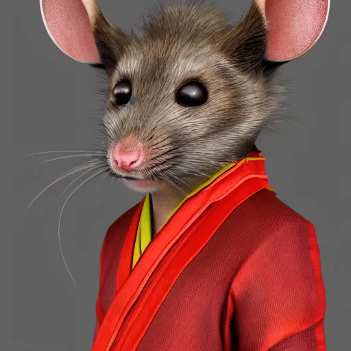 Image similar to a portrait of a human-rat mutant hybrid with brown fur wearing a red kimono, realistic, 3d rendering, hdr, subsurface scattering