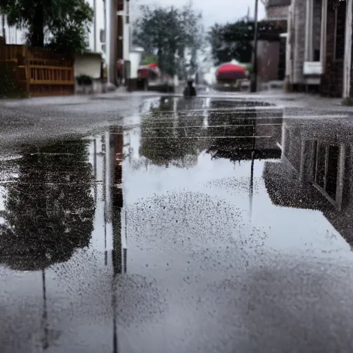 Image similar to still photo of rain puddles and reflections in a village, cloudy weather, highly detailed, photorealistic shot, bright studio setting, studio lighting, crisp quality and light reflections, unreal engine 5 quality render