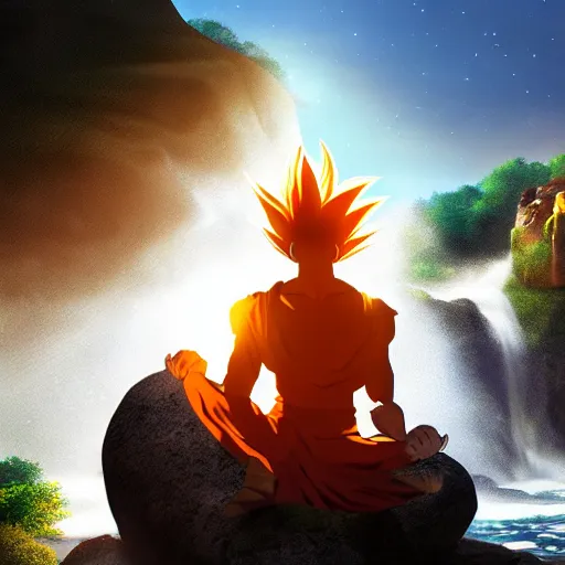 Prompt: photorealistic fantasy concept art of Goku meditating on a rock near a waterfall in front of the sunset, dynamic lighting, cinematic