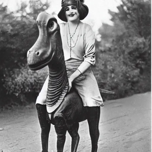 Prompt: 1920s flapper girl riding a dinosaur to the market, colorized