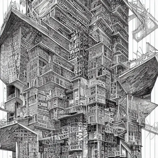 Image similar to a black and white drawing of a building, a detailed mixed media collage by hiroki tsukuda and eduardo paolozzi, intricate linework, sketchbook drawing, street art, polycount, deconstructivism, matte drawing, academic art, constructivism