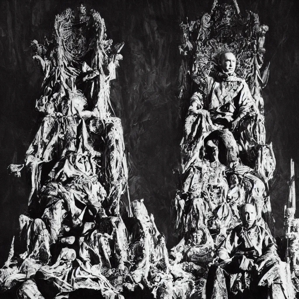 Prompt: Putin sitting on throne of skulls, a photo by Colin Greenwood, ultrafine detail, chiaroscuro, private press, associated press photo, angelic photograph, masterpiece