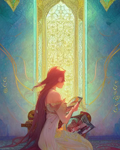 Prompt: an open quran highly detailed, gold filigree, romantic storybook fantasy, soft cinematic lighting, award, watercolor illustration by mandy jurgens and alphonse mucha and alena aenami, pastel color palette, featured on artstation