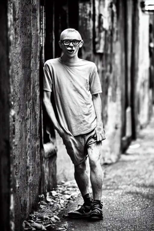 Image similar to full body photo of a 5 0 year old heroin addict ginger men with crooked teeth, shady dark backalley at night, nerdy appearance, smooth, sharp, 8 5 mm, f / 1. 3