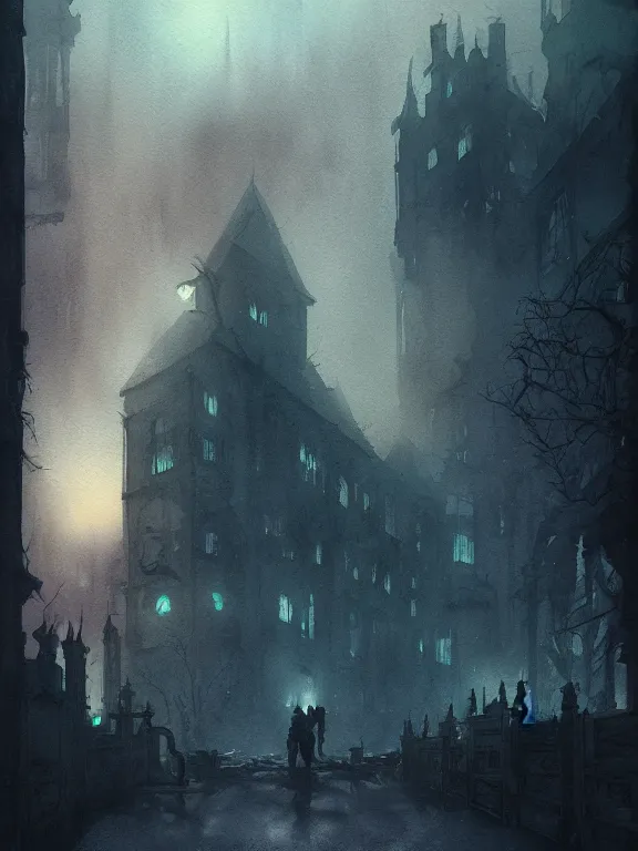 Prompt: a group of urban fantasy adventurers approach a tall and foreboding haunted house at sunset, teal spectral denizens rise from windows, detailed realistic watercolor by greg rutkowski and kwanchai moriya, haunting, ominous, exciting, solemn, lightning study