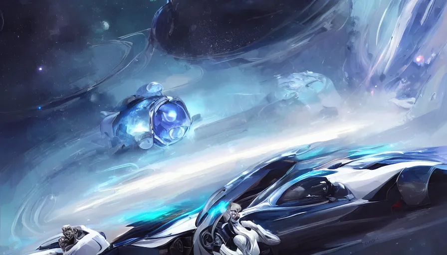 Image similar to white and royal blue luxurious concept sportscar driving down on a luxurious road on interstellar solar system with nearby planets seen from the distance, advanced highway, star trek style, by peter mohrbacher, jeremy mann, francoise nielly, android james, ross tran, beautiful, award winning scenery, 8 k quality, clean details, serene, sakura season