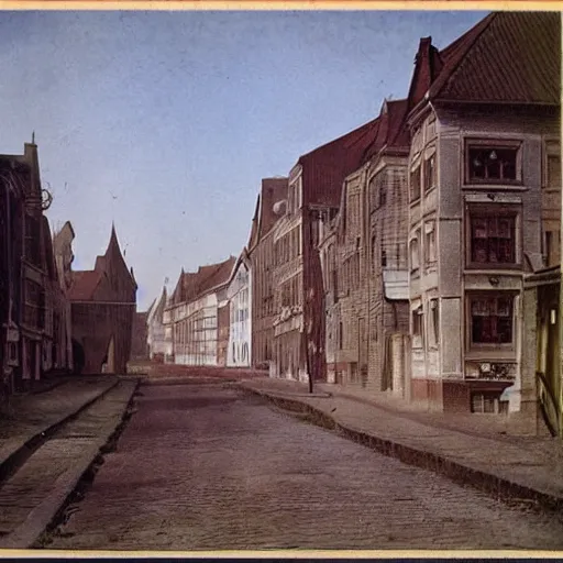 Image similar to Emil Verharn. 1900. Photo in color image. High definition. The city of Sint Amands. Symbolism on old houses.