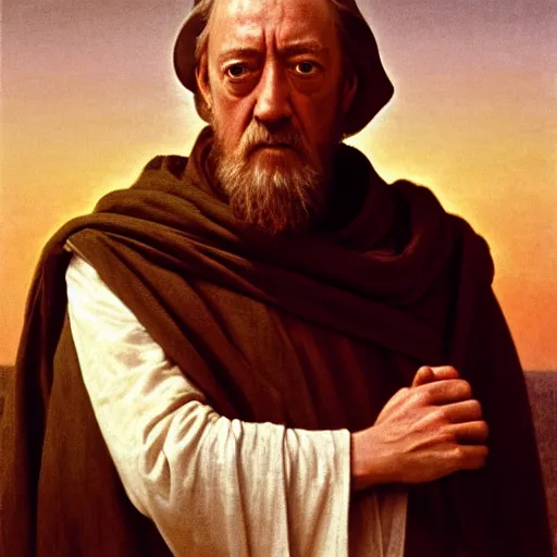 Prompt: Painting of Sir Alec Guinness as Obi-Wan Kenobi. Art by william adolphe bouguereau. During golden hour. Extremely detailed. Beautiful. 4K. Award winning.