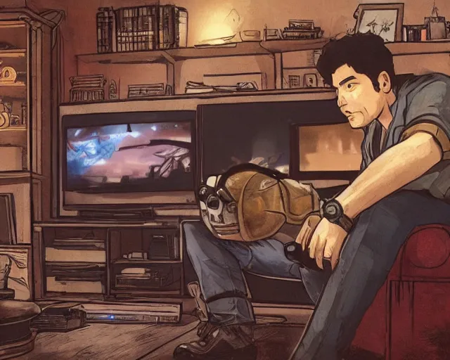 Image similar to a beautiful illustration of my friend mark kidd, playing fallout new vegas on the xbox 3 6 0 in his living room. the tv is the only light source, in the style of studio ghibli, artwork by studio ghibli, cinematic composition, anime