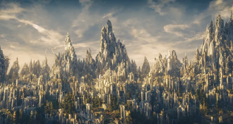 Prompt: majestic futuristic elf city made of white stone and decorated with gold, plants and trees, flying cars, angels flying around, epic buildings in the center, light clouds, cinematic sky, sunset, 8 k, unreal engine 5, sharp