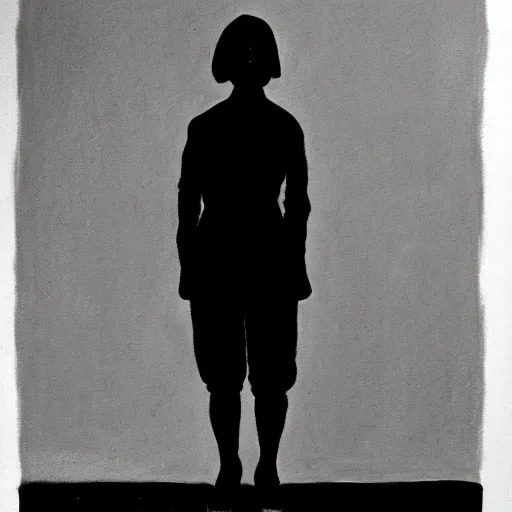 Image similar to symmetry!! black and white silhouette drawing of a full body person standing, on white background by stanhope forbes, centered, clean image