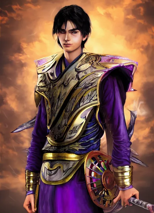 Prompt: An epic fantasy comic book style portrait painting of teenager boy with straight indigo hair, purple eyes with red eye markers, slim body, wearing a detailed Japanese kimono with golden armor details, holding a fan. Unreal 5, DAZ, hyperrealistic, octane render, cosplay, RPG portrait, dynamic lighting