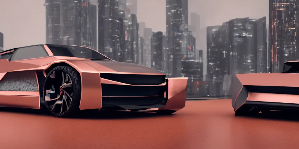 Image similar to a design of a futuristic DMC Delorian, designed by Polestar, blade runner background, back view, rose copper car paint with white line accent detailing, black windows, sportscar, black show room, dramatic lighting, octane rendering, unreal engine rendering, hyper realistic render, depth of field, octane rendering