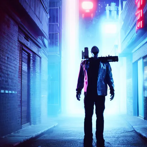 Image similar to cyberpunk man with laser gun stands in a dark alleyway and shoots a robot, amazing, foggy, beautiful, neon lights