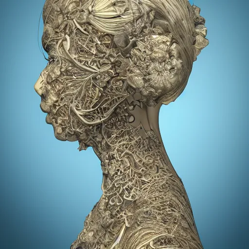 Image similar to beatifull face portrait of a woman, 150 mm, anatomical, flesh, flowers, mandelbrot fractal, facial muscles, veins, arteries, intricate, golden ratio, full frame, microscopic, elegant, highly detailed, ornate, ornament, sculpture, elegant , luxury, beautifully lit, ray trace, unreal, 3d, PBR, in the style of peter Gric , alex grey and Romero Ressendi