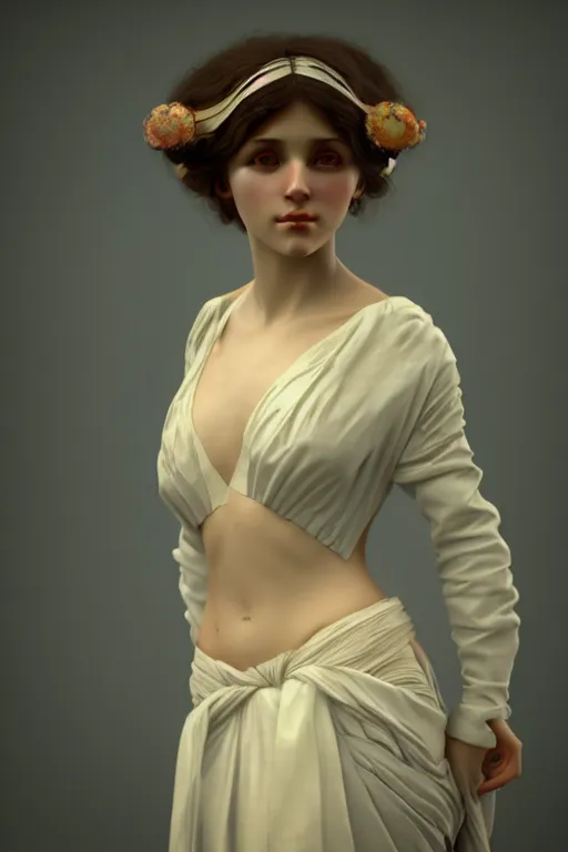 Image similar to cute girl portrait with open chest white ancient clothes by Alphonse Mucha and Octane Render