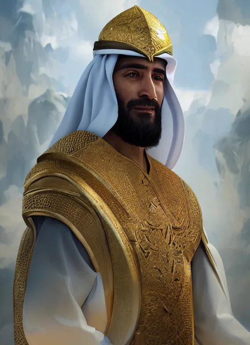 Prompt: portrait of sheikh ruler of dubai, dragon, head and torso only, cinematic lighting, studio quality, smooth render, unreal engine 5 rendered, octane rendered, art style by klimt and nixeu and ian sprigger and wlop and krenz cushart.