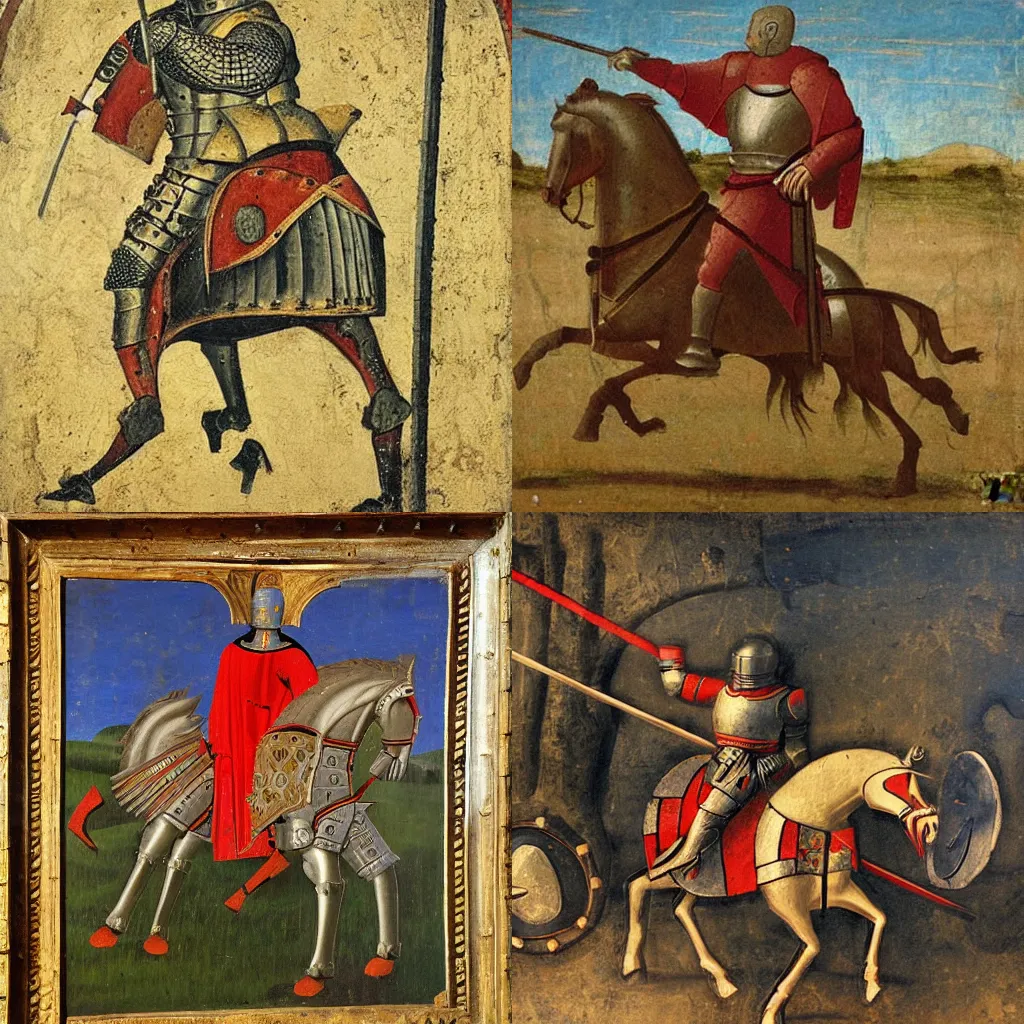 Prompt: 14th century painting of a medieval knight on a battlefield, in full growth from the back, epic artwork, atmospheric, by Evgeny Botvinnik