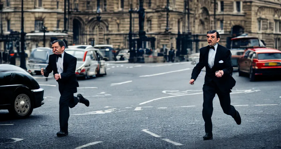 Image similar to mr bean as james bond running down the street in london, 4 0 mm f / 2. 8, cinematic, cool, anamorphic, dramatic