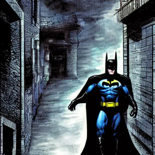 Prompt: the batman appearing out of the shadows in an alley, artwork by jim lee, frightening, fear, scary, intimidating, digital art