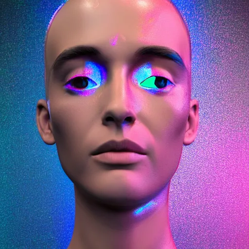 Image similar to 3d render of holographic human robotic head made of glossy iridescent, surrealistic 3d illustration of a human face non-binary, non binary model, 3d model human, cryengine, made of holographic texture, holographic material, holographic rainbow, concept of cyborg and artificial intelligence