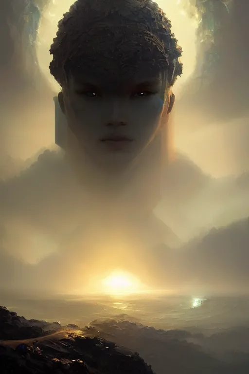 Prompt: futuristic island god, close - up portrait, powerfull, intricate, elegant, volumetric lighting, scenery, digital painting, highly detailed, artstation, sharp focus, illustration, concept art, ruan jia, steve mccurry