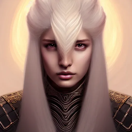 Image similar to portrait digital painting of a woman with flowing luscious glowing white hair standing whilst holding a sword, wearing intricate plate - armor and leather underneath. intricate, elegant, highly detailed, digital painting, artstation, concept art, smooth, sharp focus, illustration, by terry wei, qiu fang, tooth wu, kan liu, siwoo kim, jisu choe