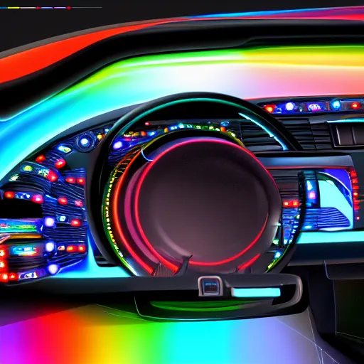 Prompt: the dashboard of a car at night, pitch black, RGB LED lights, screens, detailed, render, technical, wide